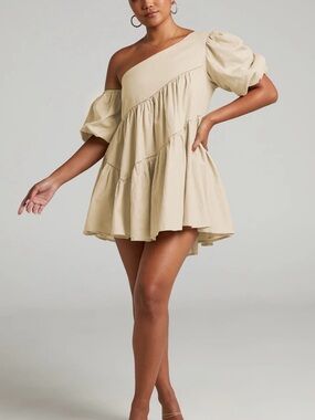 Showpo. | Dresses | Harleen Mini Dress Asymmetrical Trim Puff Sleeve Dress  In Green